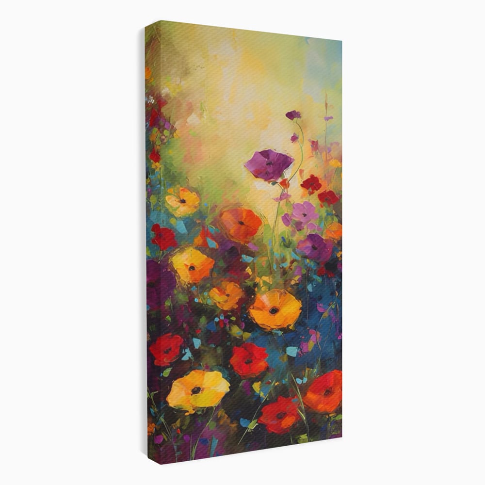 Tablou canvas cu pictura camp cu flori colorate, fara rama, pe sasiu de lemn